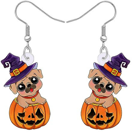 WEVENI Süße Acryl Hund Ohrringe Baumeln Mops Dackel Dekor Schmuck Chihuahua Geschenke Für Frauen Mädchen Kinder Haustier Hund Charms (Halloween Hexenhut Mops C)
