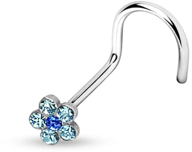 viva-adorno Nasenpiercing gebogen 0,8mm Nasenstecker Zirkonia Kristall Blume Blüte Nasenring Z328, blau