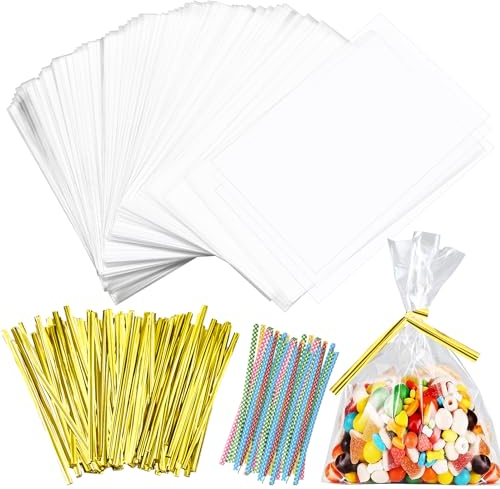 Tigvio 200pcs Cellophantüten 12x8cm Kleine Tüten für Süßigkeiten, Cellophantüten Klein Klarsichttüten zum Befüllen Plastiktüten Klein mit Metallbänder, als Geschenktüten Transparent Kekstüten