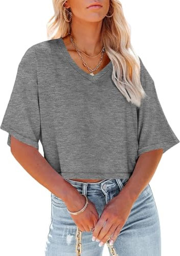 GeGekoko Camiseta de manga corta para mujer, cuello de pico, informal, de verano, media manga, color liso, gris, M