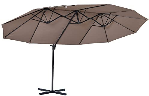 Outsunny 4.4m Large Garden Parasol, Double-Sided Cantilever Parasol with Base Included, Patio Umbrella Sun Shade with Steel Pole 12 Ribs Crank Handle Easy Lift Twin Canopy, Brown
