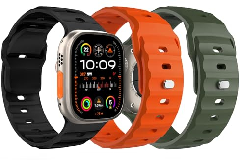 TiMOVO Deportiva Correa compatible con Apple Watch 42/44/45/46/49mm, Correa de Suave de Repuesto Ajuste para iWatch Ultra 2 Ultra SE Series 10 9 8 7 6 5 4 3 2 1, Negro/Verde Militar/Naranja