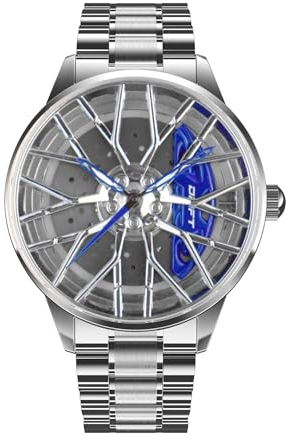 DriftElement Motorsport Felgenuhr Herren - Sportwagen Männer Armbanduhr im 3D Design der Sternspeichen M8 Felge aus Edelstahl - Custom Designer Uhr mit Mineralglas (Silber-blau)