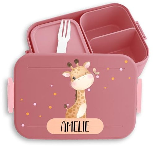 Kinder Bento Box Midi für Mepal Bentobox - Brotbox Mädchen süße Giraffe mit Name | Kindergarten Geschenk Lunchbox Giraffen Pausendose Einschulung - 900 ml - Rosa - jausenbox und tiere
