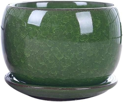 Pots de fleurs en céramique, pots de fleurs, pot de fleurs de calibre for la maison, le bureau, pot de fleurs craquelé avec plateau, il y a des trous dans le fond, pot de fleurs juteux, bleu(Color:Gre
