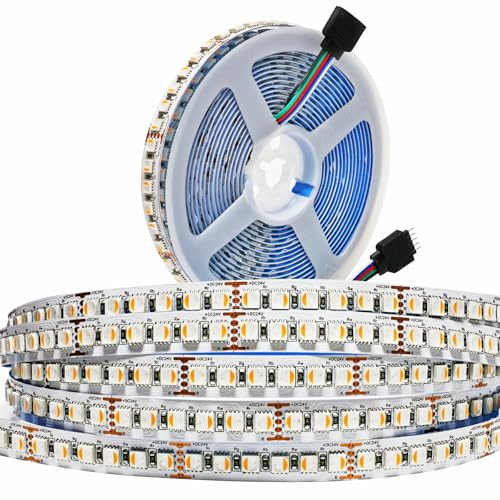 Tesfish 24V LED Streifen Licht, 4 in 1, RGBWW RGB + Warmweiß 3000K 5M Mischfarben Strip Lichtband SMD 5050 IP20 600 LEDs Band Lichtleiste Leiste für Schlafzimmer, Küche Dekoration