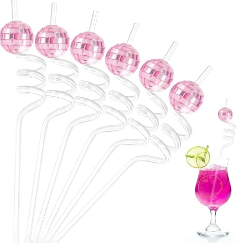 8 Pcs Reusable Straw Drinking Replacement Straws Spiral Milkshake Straw with Mirror Decorated Disco Balls for Cocktail Smoothie Cold/Hot Juice Bar Pub Summer Party Supply Bent Straws (Pink)