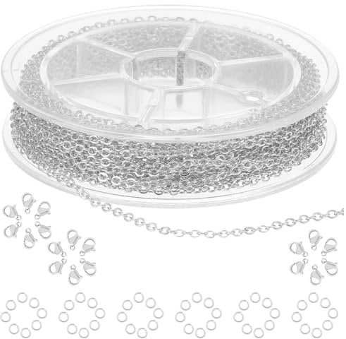 COMNICO 4,9 m Schmuckkabel Gliederkette Rolle DIY-Bastelbedarf mit 20 Karabinerverschlüssen 50 Biegeringen zur Herstellung von Schmuckherstellung Halsketten Ohrringen und Armbänder (Silber)