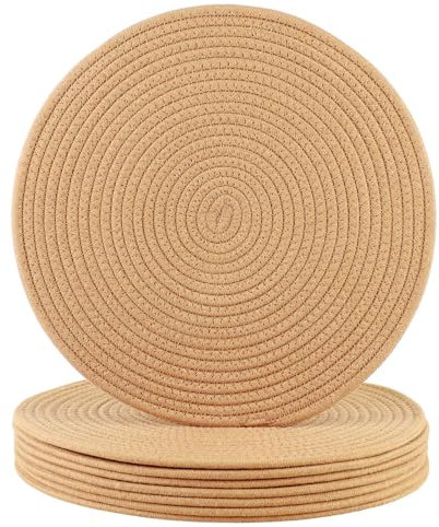 Round Woven Placemats Set of 8 Heat Resistant Placemats 13.5 Inches Farmhouse Cotton Rope Place Mats for Dining Tables Trivets for Hot Dishes, Brown