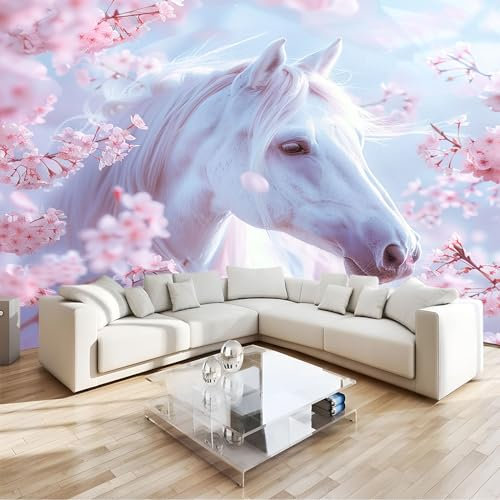 PLEETS Papier Peint Panoramique animal cheval blanc sakura Décoration Mural 350 x 256 cm Poster Papier Peint Intissé ​Murales Salon Chambre á Coucherr Bureau Décor à La Maison