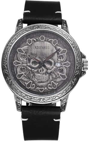 Avaner Herren-Armbanduhr, Quarz, wasserdicht, Halloween: Herrenuhr mit Quarzuhrwerk, analog, Armband aus echtem Leder, leuchtende Zeiger, Totenkopf-Zifferblatt, Punk-Steam, Herkunft, Noir, Riemen