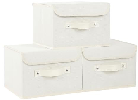ENUMAIL Fabric Storage Boxes, Wardrobe Organizer with Flip-Top Lid and Handles, Cube Bins for Organizing Home, Office and Closet, Beige, 3 Pack, 26x20x17cm