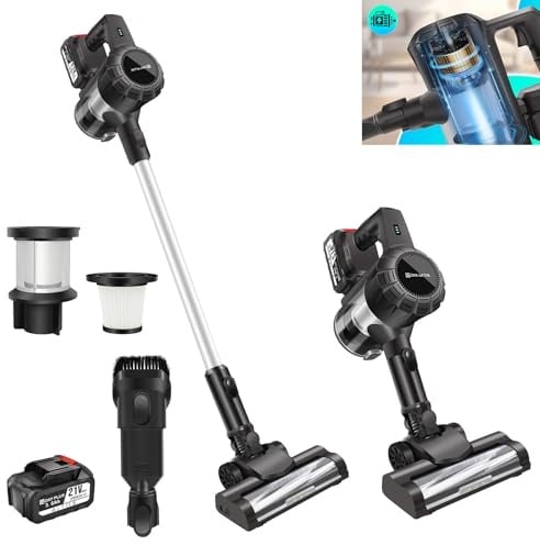 Leistungsstarker Stabstaubsauger 15000Pa Stabstaubsauger mit Akku&Wandhalterung,Schnurloser Staubsauger mit zwei Geschwindigkeiten&LED,Freistehender Haushaltsstaubsauger für Tierhaare/Teppich/Boden
