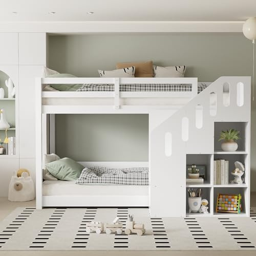 Zravenna 90x200cm Hochbett für 2 Kinder, Kinder Etagenbett Doppelbett mit Treppen und Schließfächern, Multifunktionales Kinderbett Rausfallschutz mit Stabiles Geländer, Weiß