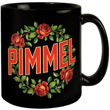 PIMMEL Blumensprache Tasse Stilvoller schwarzer Kaffeebecher mit Vintage-Poster-Design in roten Buchstaben und grünen Blättern perfekt für Kumpels