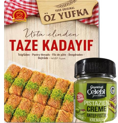 Pufai - Ozyufka Fili di pasta freschi Kataifi Kadayıf Shredded Fillo Pasta Pasticceria Kadaifi Fili Taze Kadayif per Cioccolato Dubai 400 gr con Crema Pistacchi 200 grammi