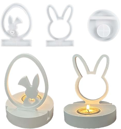 TREABEAR 3PCS Silikonformen Gießformen Hase mit Sockel, Gießformen Silikon Osterhase, Silikonform Osterhase Eier, Gießformen Silikon Frühling, DIY Hasen Silikonform Ostern