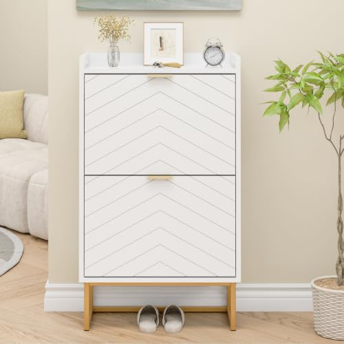 UEV Schuhschrank schmal mit 2 Klappen, Schuhkipper 50x24x103,5cm (Weiß) | Schuhkommode mit Kippschutz & Verstellbare Trennwände für Verschiedene Schuhtypen, Flurschrank für Flur Wohnzimmer