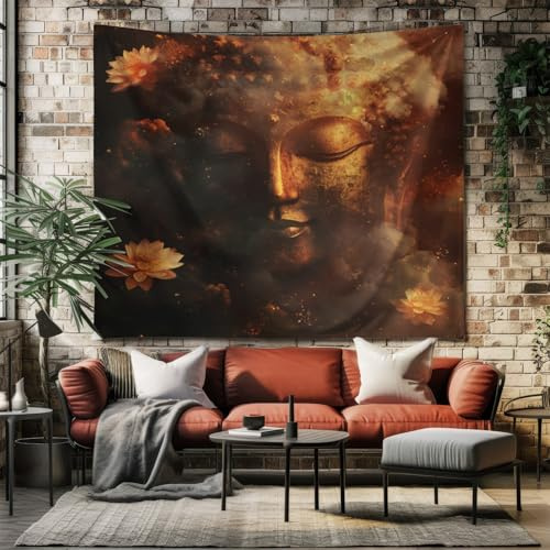 SKOEUI Wandteppiche Orange - Wandtuch Wandbehang Wandteppiche 230x210 cm | Asiatische Buddha - Statue Rot für Schlafzimmer Wohnzimmer Dorm Decor Tapestry Wandtücher