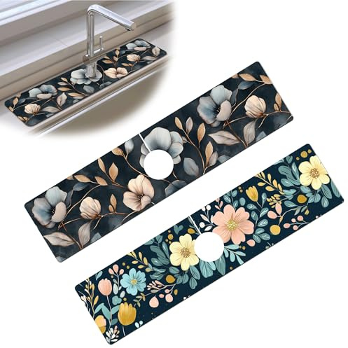 Bimkole 2 STÜCK Wasserhahn Absorbensmatte, Küchenarmatur Waschbecken Spritzschutz Wasserhahn Absorbierende Matte Pad Wasserhahn Spritzfänger für Heim Badezimmer Küche Werkzeuge, 38 x 10 cm Blume A4