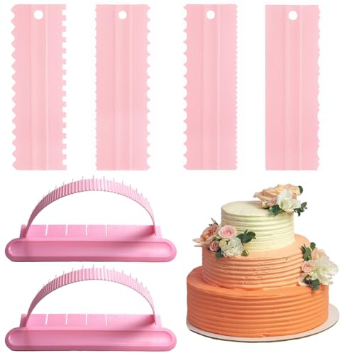 6 Pack Cake Scraper and Arch Guide Ruler Set, Plastic Sawtooth Decorating Comb, Mousse Buttercream Fondant Cake Edge Tools for Kitchen Baking Measuring DIY (Pink)