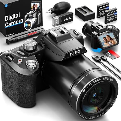NBD 8K Digital Camera, 64MP Ultra HD with 180° Flip Screen & WiFi, 16X Zoom, Autofocus, Hot Shoe - Vlog Kit with 64GB Card & Dual Batteries (Black)