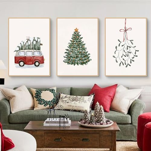 Herfair Wandbilder Wohnzimmer, Weihnachten Deko Poster 3er Set, Weihnachtsbaum Leinwand Bilder, Weihnachtsbilder Weihnachtsposter, Ohne Rahmen (30 x 40 cm)