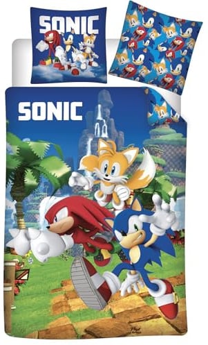 Sonic Tails Knuckles Kinderbettwäsche 140x200 + Kissenbezug 65x65 Baumwolle | Wendebettwäsche Einzelbett | Trio in Höchstgeschwindigkeit durch Green Hill | Offizielle SEGA Lizenz | Jungen