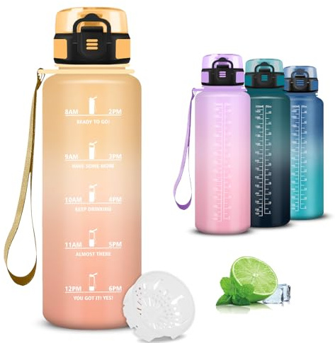 Mujigaga Trinkflasche 1 5 liter, Trinkflasche Sport, Wasserflasche Auslaufsicher, Wasserflasche mit Zeitmarkierung, Kann mit Dir Tragen, für Fitness, Camping, Wandern, Yoga, Running