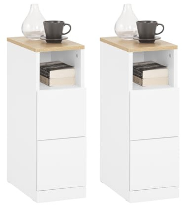 SoBuy 2er Set Nachttisch schmal 20cm, Nachtschrank & Beistelltisch mit 2 Schubladen, Platzsparendes Möbelstück für Schlafzimmer & Nischen, Ideal für Mieter, Weiß, 20x35x60cm, FBT149-WNx2