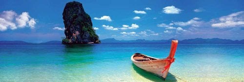 Motivational Destiny Boat XXL Poster Türposter Südsee Fischerboot Paradies Strand Palmen - Grösse 158x53 cm