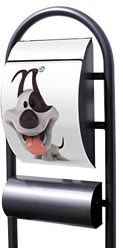 Banjado® Stand Briefkasten in Hammerschlag-Optik in Größe 150x47x22cm mit Motiv Comic-Hund - Briefkasten mit Standfuß/Postkasten freistehend als Standbriefkasten mit Zeitungsfach