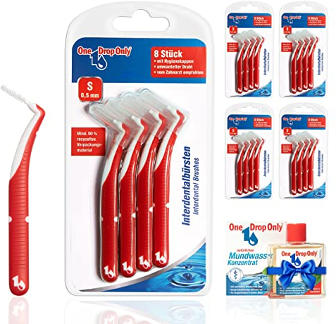 One Drop Only® - 5 x 8er Pack Interdentalbürsten 0,5mm (S) + 10ml Mundwasser Konzentrat GRATIS/Interdentalbürste & Interdental Brush zur Zwischenzahnreinigung/beste Mundhygiene durch Dentalbürsten