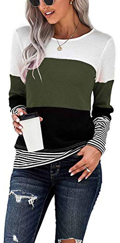 SMENG T Shirts for Womens Clothes UK Long Sleeve Jumper Patchwork Crew Neck Color Block Sweatshirts Quality Clothes Striped Pullover Green Size(UK10-12)