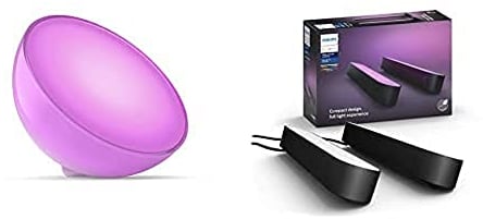 Philips Hue White & Col. Amb. LED Tischleuchte Go, dimmbar, 16 Mio. Farben, steuerbar via App, kompatibel mit Amazon Alexa (Echo, Echo Dot) + White and Color Ambiance Play Lightbar 2-er Pack, schwarz