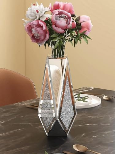 SHYFOY Moderne Spiegel-Blumenvase Crushed Diamond Silbervasen Wohnzimmer Dekoration Kristallvase Geometrische Tischknospenvase für Heimdekoration, Hochzeit, Weihnachten, 30,5 cm