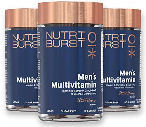 Nutriburst - Men’s Multivitamin Multipack - Immune Function & Mental Performance - Contains 16 Micronutrients; B2, B3, B5, B6, B12, A, C, D Vegan & Sugar Free - 3 x 60 Berry Gummies - 3 Month Supply