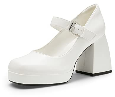 DREAM PAIRS Damen Mary Janes Pumps mit Blockabsatz, Plateau, Kleider, Brautschuhe Party,Size 38.5,Weiss-Pu,SDPU2331W