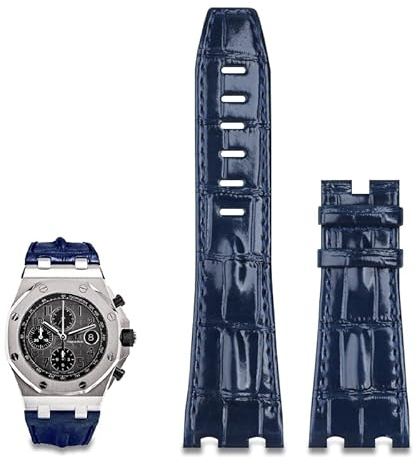 AEMALL 28 mm importiertes Lederarmband für AP für Audemars Piguet 42 mm für Royal Oak Offshore Uhrenarmband Zubehör Dornschließe 15710/15703 (Farbe: blaues Armband, Größe: mit silberner Schnalle)