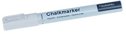 Europel Marqueur craie, à encre liquide, pointe de 3 mm, pour surfaces non poreuses – 1 feutre blanc sous carte blister effaçable à sec ou humide pour tableaux noirs, ardoise, panneaux, fenêtres