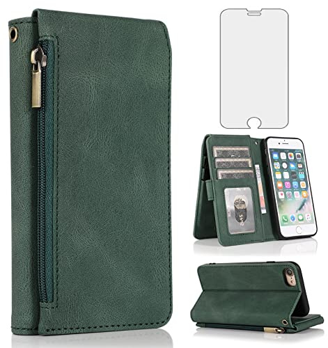 Compatible with iPhone 7/8/SE 2020/2022 Wallet Case Tempered Glass Screen Protector Zipper Leather Flip Cover Card Holder Stand for iPhone7 iPhone8 SE2020 SE2022 2/2nd/3/3rd SE2 SE3 Women Men Green