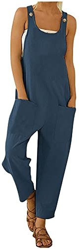 Womens Linen Overalls Baggy Adjustable Strap Sleeveless Jumpsuit Playsuit Bib Pants Dungarees with Pockets Blue