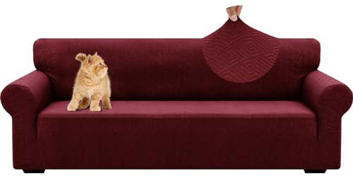 YSTELLAA Stretch Sofa Überzug 4 Sitzer, Sofaschoner rutschfest Weihnachtsdeko, Universal Jacquard Sofabezug, Waschbare Sofa Cover, Dicke Sofabezug Für Hunde Katzen Und Haustiere, Rot