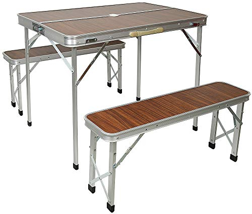 Aluminium Koffertisch mit Zwei Bänken Holzdesign klappbar Campingtisch Sitzgruppe-Campingtisch mit 2 Bänken-90 * 60 * 70cm (braun)