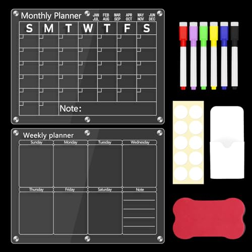 Pizarra Magnética Planificador Nevera Mensual Semanal, 2Pcs Claro Calendario Magnetico Blanca 40×30 cm con 7 Accesorios, Calendario Nevera Iman Familiar Grande de Acrílico Lista de Compras Menú Memo