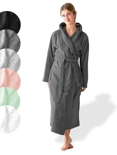 SIEGENTHAL® Damen Bademantel Frottee Velour 100% Baumwolle mit Kapuze Flauschig - Dunkelgrau S - M
