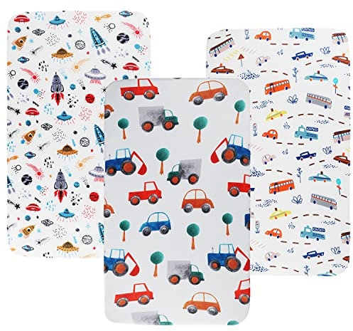 Tontukatu Reisebett-Spannbettlaken-Set, 3er-Pack, kompatibel mit Baby-Bjorn, Guaven-Lotus-Reisebett und 61 x 107 cm großen leichten Spielardmatratze, ultraweiches Jersey-Material, Raketensatellit,