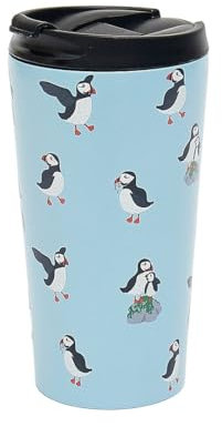 ECO CHIC Reusable Thermal Coffee Cup Stainless Steel Leakproof Insulated 330ml Travel Mug (Multi Puffin Blue)