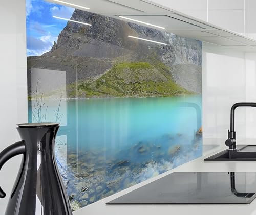 Spritzschutz Wand für Herd, Küche Küchenrückwand Glasoptik | Acryl Glas 2mm | Glasrückwand Acrylglas Wandpaneele Küchenspiegel | 80x60cm Bergsee Karakabak türkis