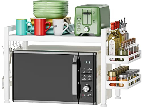 EKNITEY Ausziehbares Mikrowellen-Regal – über mikrowellenregal Regal, Arbeitsplatte, 2-stöckig, Küchen mikrowellen ständer, mit Gewürzregal und 6 Haken (White with Spice Rack)